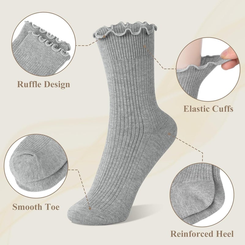 Socksfad Store 6 Pairs Cute Floral Ruffle Crew Socks Women, Breathable Cotton Novelty Casual Girls Above Ankle Funny Socks US 5-10 - Image 3